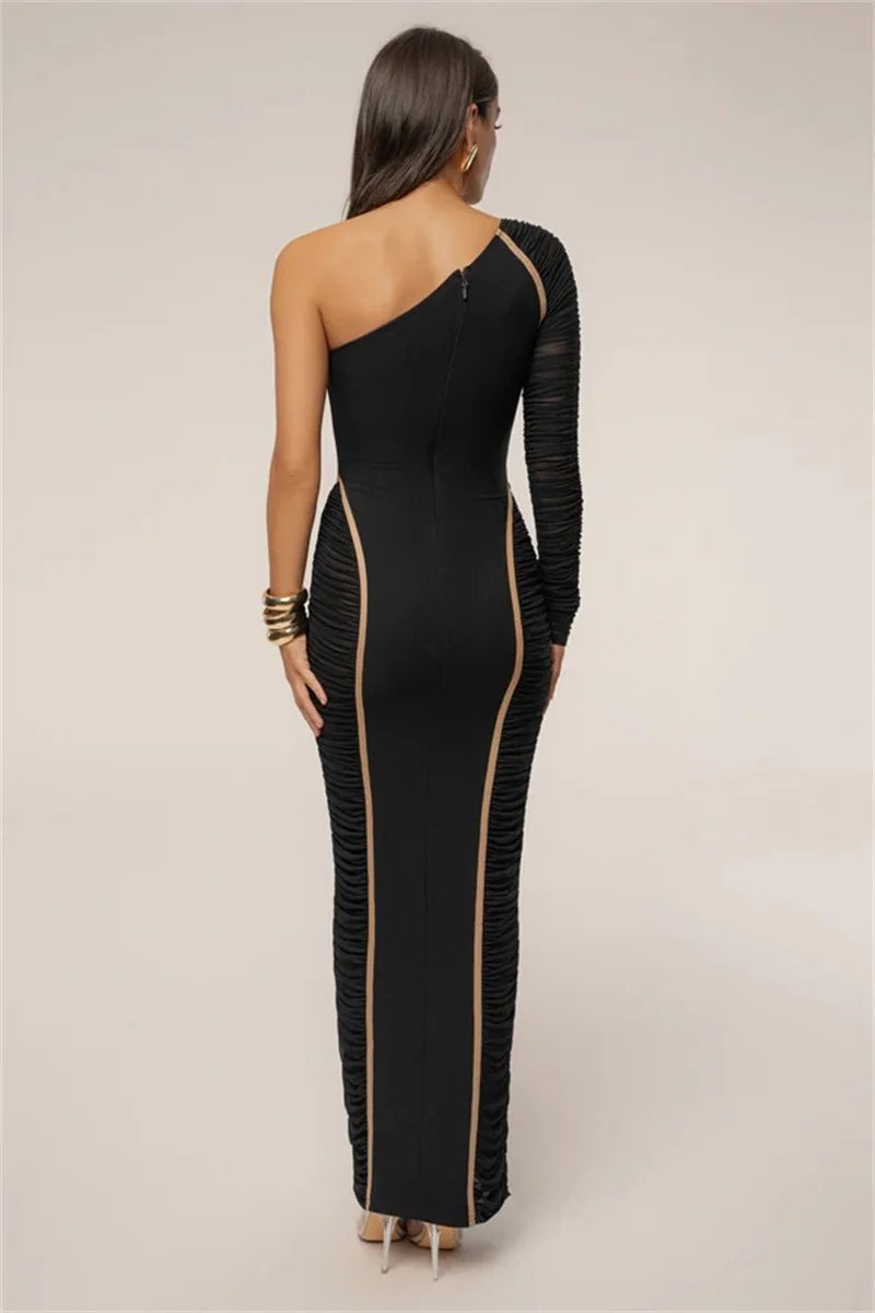 Mozision One Shoulder Backless Sexy Maxi Dress Women Gown Elegant Skew Collar Single Sleeve Ruched Bodycon Club Party Long Dress