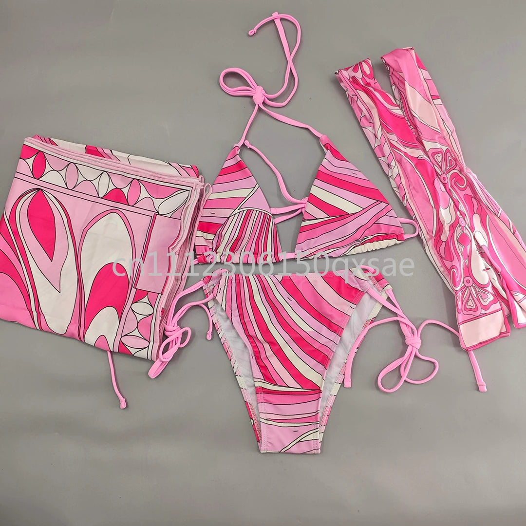 Women's Pink Headband Scarf Swimsuits with Letter Signature Logo Lady Headband Scarf Bikini Sets Beachwear Swimwear
