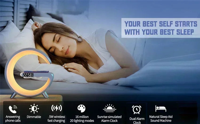 LED Smart Wake Up Light RGB Night Light with Bluetooth Speaker 15W Fast Wireless Charger Desk Lamp for Bedroom Bedside Game Room