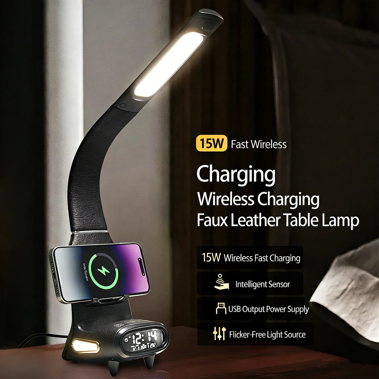 Multi-Function Eye-Protecting Reading Desk Lamp for Students 3000K-6000K Stepless Dimming 15W Wireless Fast Charging Study Light