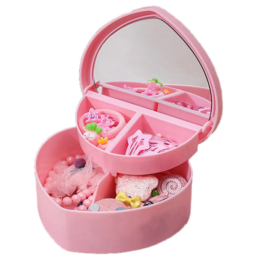 Hair Accessories Box Jewelry Storage With Mirror Pink Hair Clips Rubber Band Organiser For Girls Children Portable Travel Case