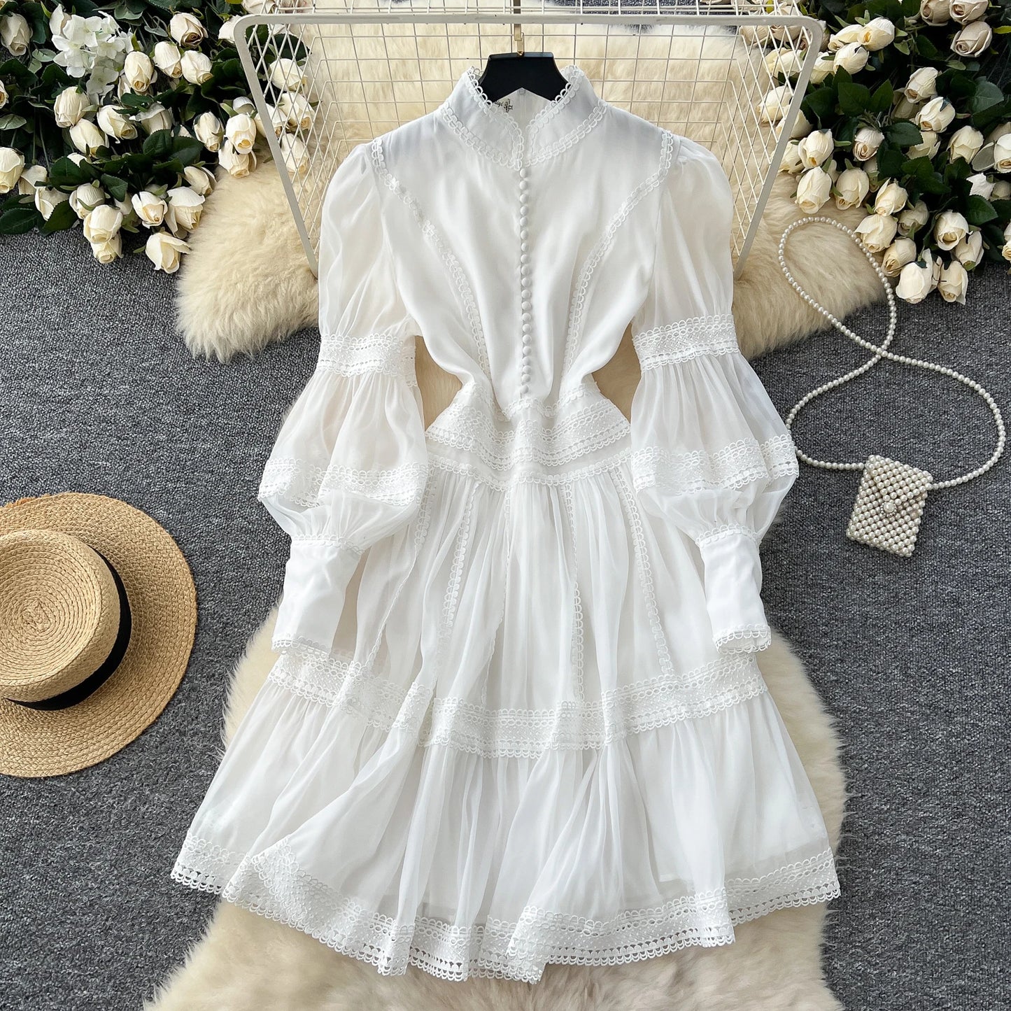 Luxury Vintage Women's Lace patchwork dress 2025 Spring Beach Long puff sleeve mini dresses White Black Lady vestidos 4D145