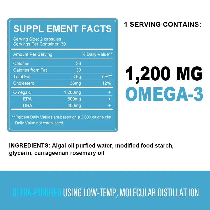 IMATCHME 60PCS Vegan OVEGA-3 Deep Sea Fish Oil Capsules Rich DHA & EPA, Supports Brain, Eye & Heart Health Cardiovascular Support