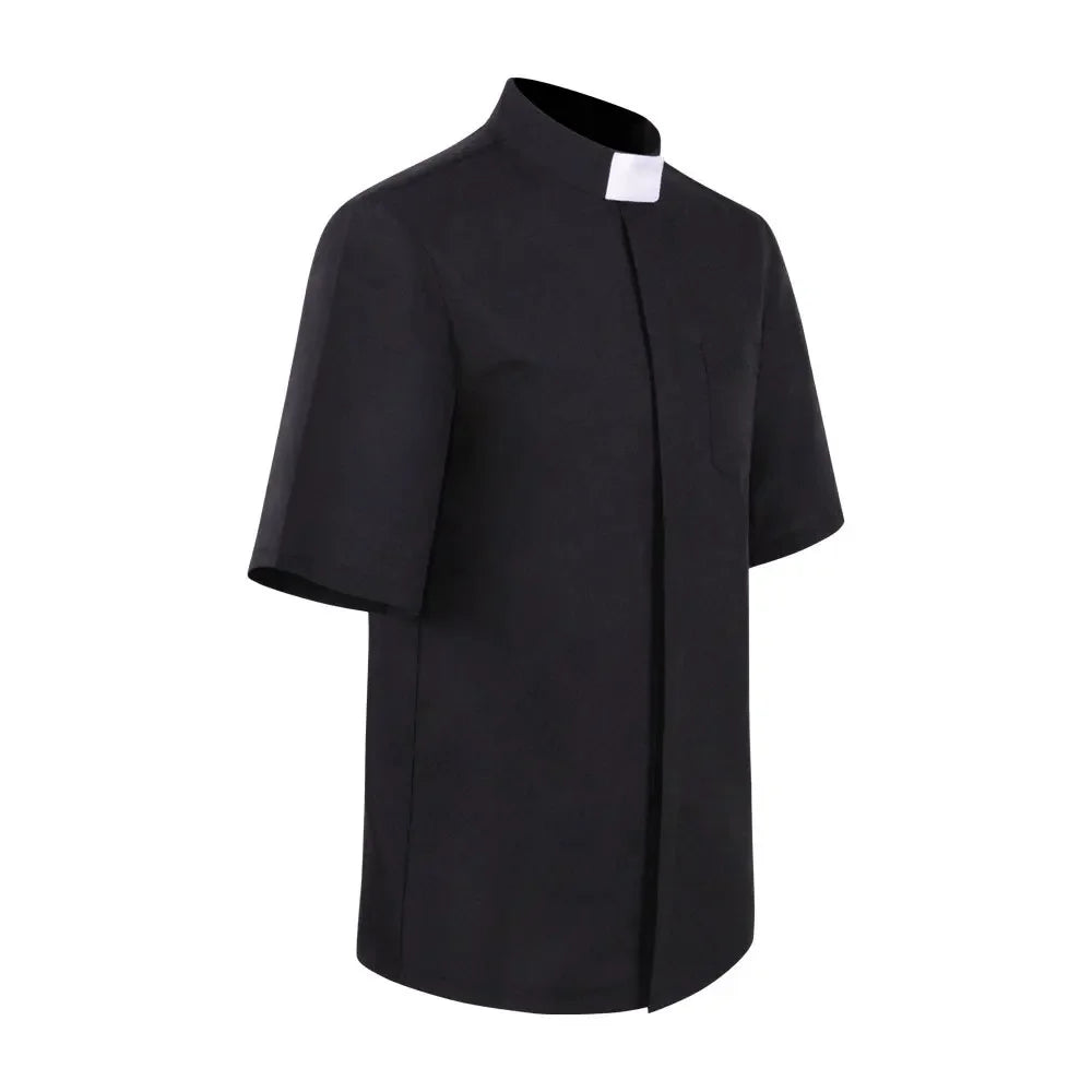 Priest Collar Shirt Men Clergy Stand-up Catholic Church Minister Preacher Summer Short Sleeve Tops Roman Blouse S-5XL