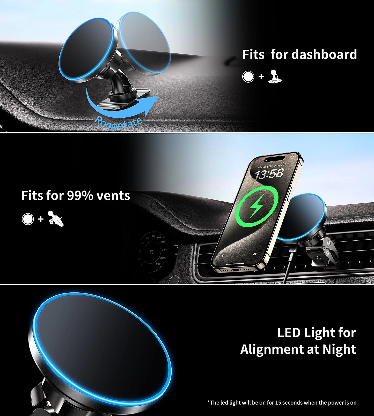 MagSafe Car Mount Charger, 15W Magnetic Car Phone Charger for Vent/Dashboard, [2025 New] Car Phone Holder Mount, Fast Charging M