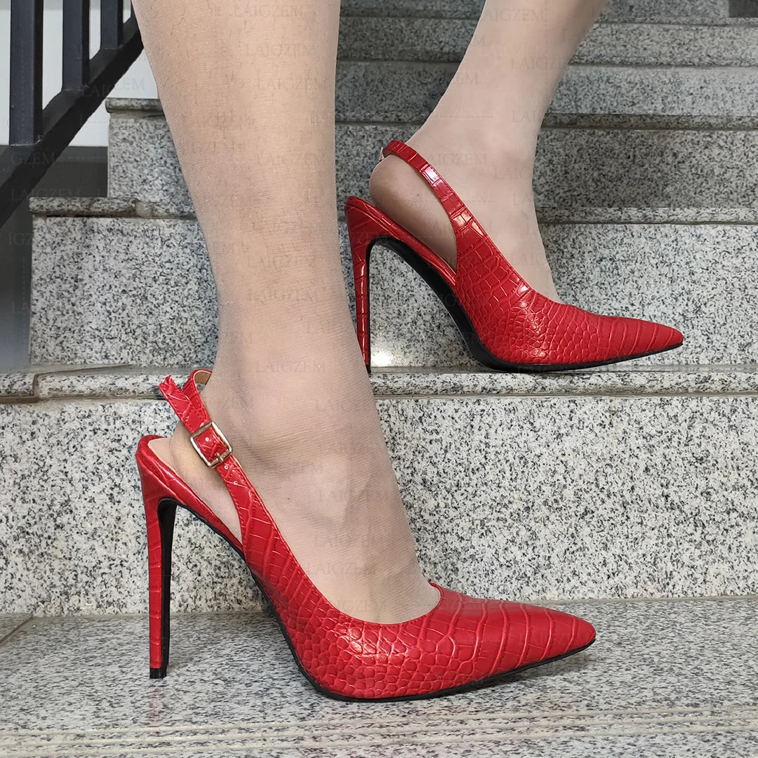 LAIGZEM Women Pumps Pointed Toe Buckle Strap Thin High Heels Sandals Crocodile Print Party Prom Shoes Woman Large Size 41 45 47