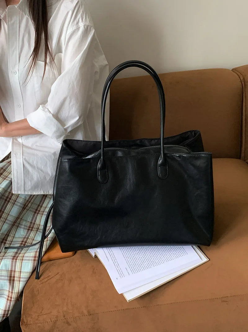 Women's PU Tote Bags Minimalist Large Capacity Multi Compartment Shoulder Bags Elegant Drawstring Commuter Handbags