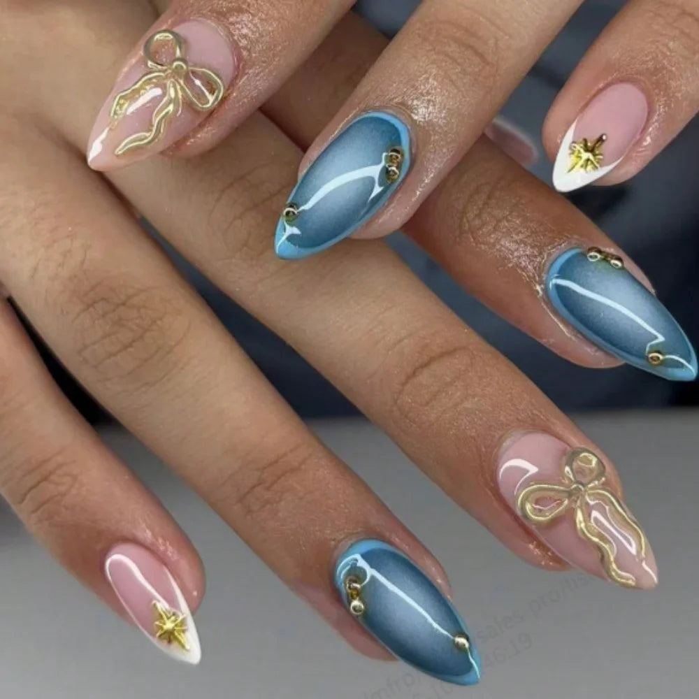 24pcs Long Almond False Nails with Flower Pearl Rhinestone Design Fake Nails Leopard Print Press on Nails Sets Finished Manicure