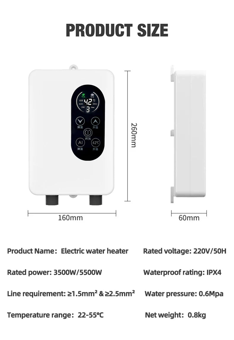 5500W Instant Water Heater 220V Smart Wall Mounted Electric Shower Tankless Instant Water Heater Thermostat for Bathroom Kitchen