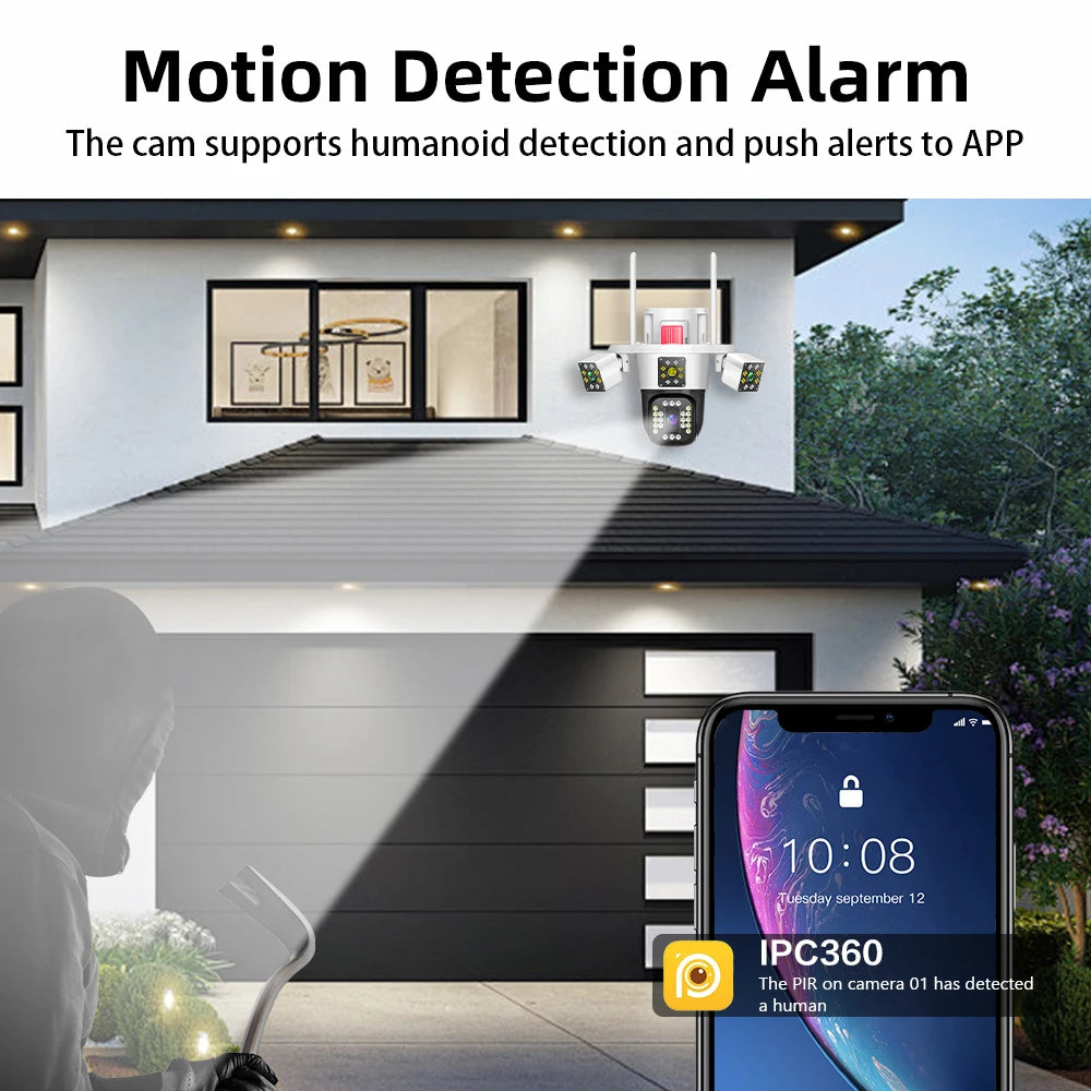 Linook 12MP, 4K, 4-lens, WiFi monitoring camera, IP camera, CCTV outdoor WiFi camera, WiFi security protection camera