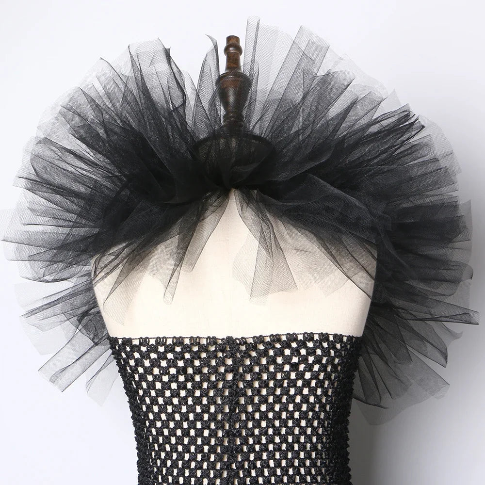Girls Black Evil Queen Maleficent Tutu Dress Horns Wings Dark Witch Cosplay Carnival Halloween Costume for Kids Fancy Clothes