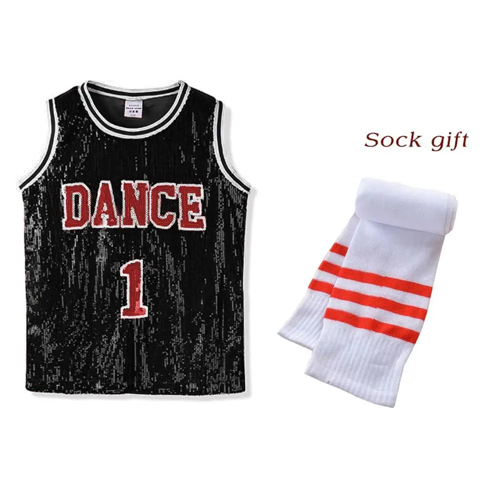 LOlanta Girls Hip Hop Dance Clothes Kids Jersey Sequin Dress Long Tank Top Jazz Cheerleading T-Shirt