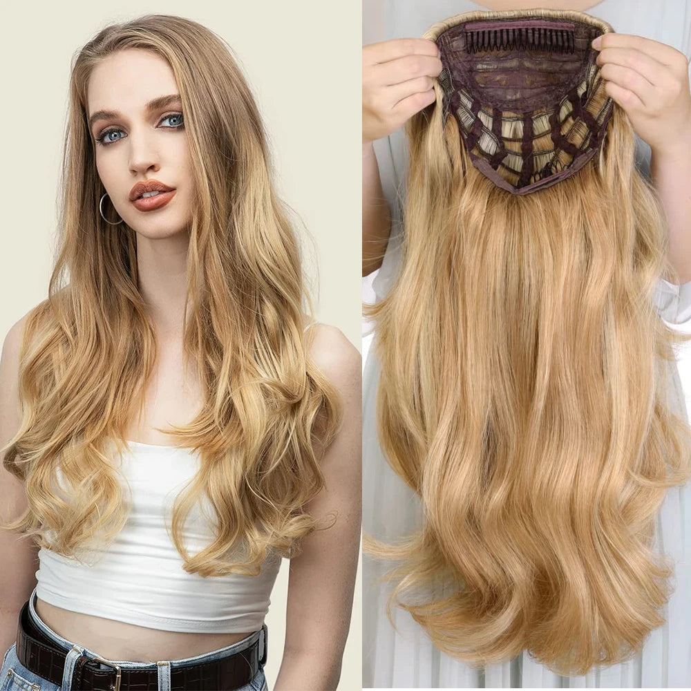 24 Inch Long Wavy Head Tied  3/4 Half Wigs With Clips In, Synthetic Fibers Hair Extension Wigs For Women