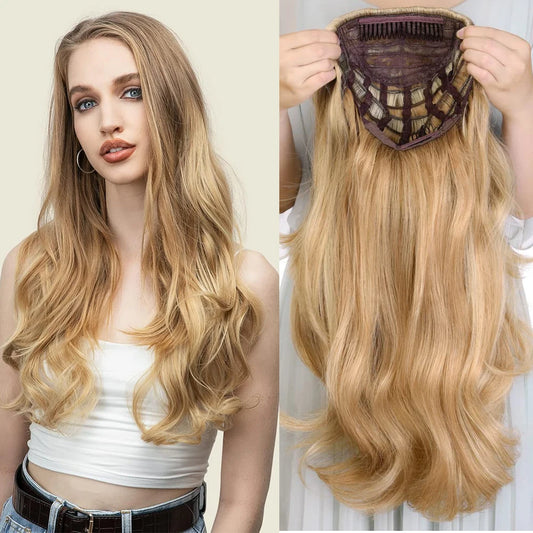 24 Inch Long Wavy Head Tied  3/4 Half Wigs With Clips In, Synthetic Fibers Hair Extension Wigs For Women