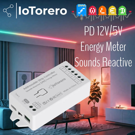 IoTorero WLED Type-C PD Energy Meter Addressable Sounds Reactive Strip Controller WS2811 WS2812B WS2814 WS2815 etc