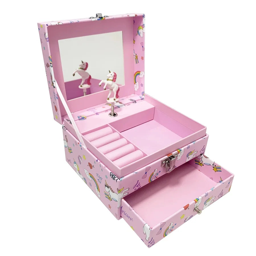 1pc Music Box with Drawer Mirror Rotating Ballet Dancer and pink pony Jewelry Storage for Ring Necklaces Bracelets Birthday Gift