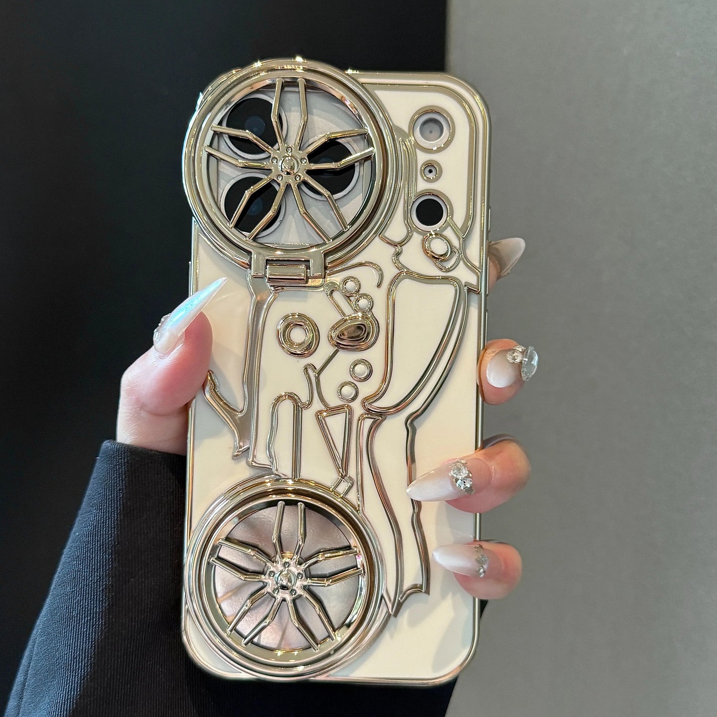 Motorcycle 3D Flip Up Bracket Lens Protection Case for iPhone 12 13 14 15 Plus 16 17 Pro Max Airbag Shockproof Solid Color Cover