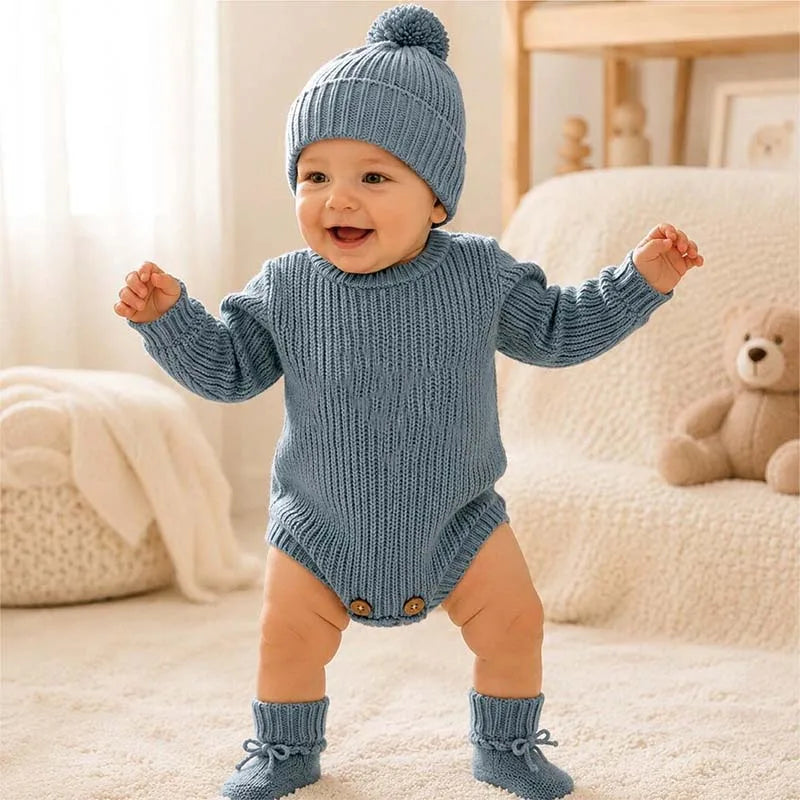 Autumn Baby Knitted Romper Headband Hat Socks Set 3Pcs Solid Color Newborn Outfit Cotton Warm Infant Shower Clothing Gifts