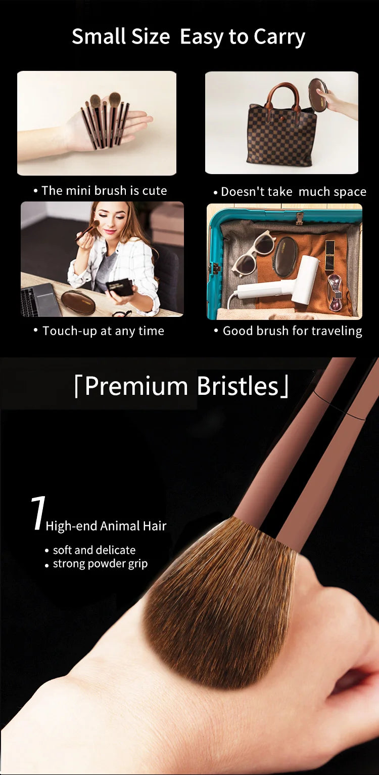 Hourglass Makeup Brush Set Mini Portable 7 Pcs, High Quality Soft Animal Hair Brush Include Eyeshadow,Blush,Powder Brush