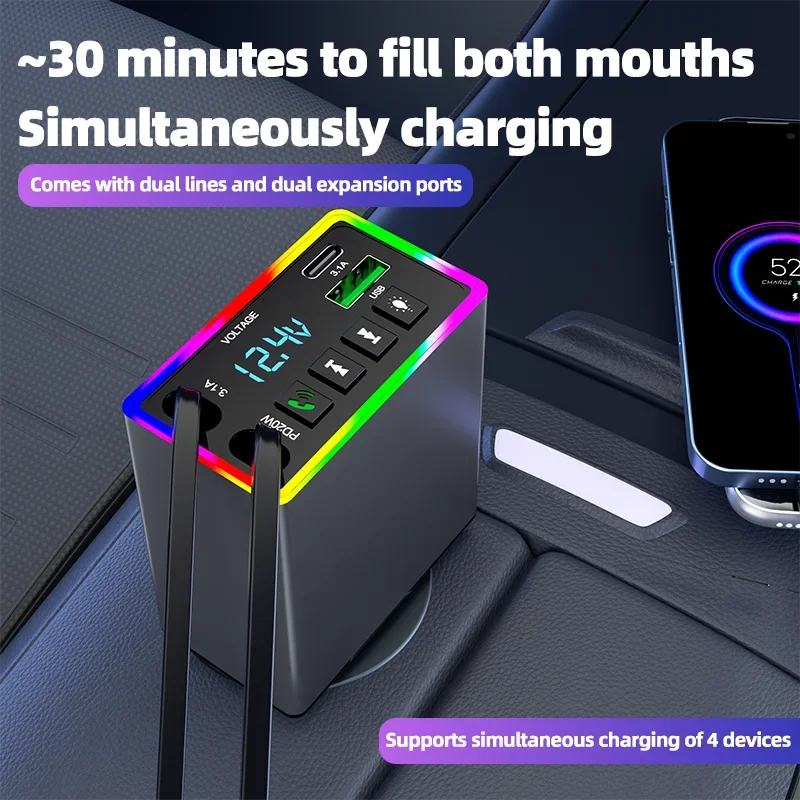 M38 FM Bluetooth MP3 Transmitter 4-in-1 120W Fast Charge Retractable Cable Car Charger with Colorful Light Built-in Media Player