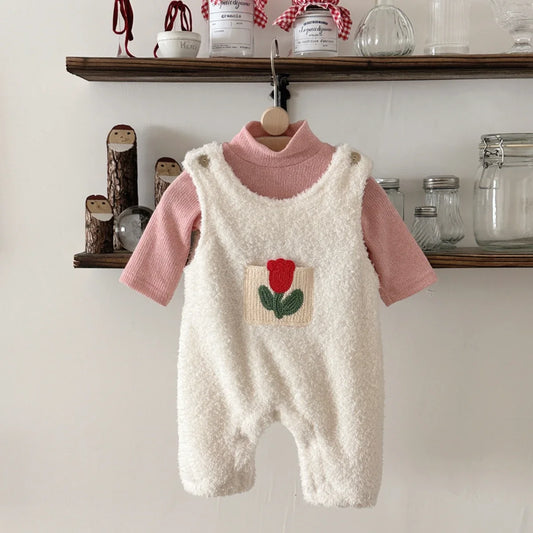 2Pcs Winter Autumn Toddler Baby Girls Clothes Flower Embroidered Plush Rompers+Pink Bottom Shirt Set Infant Warm Clothing Suits