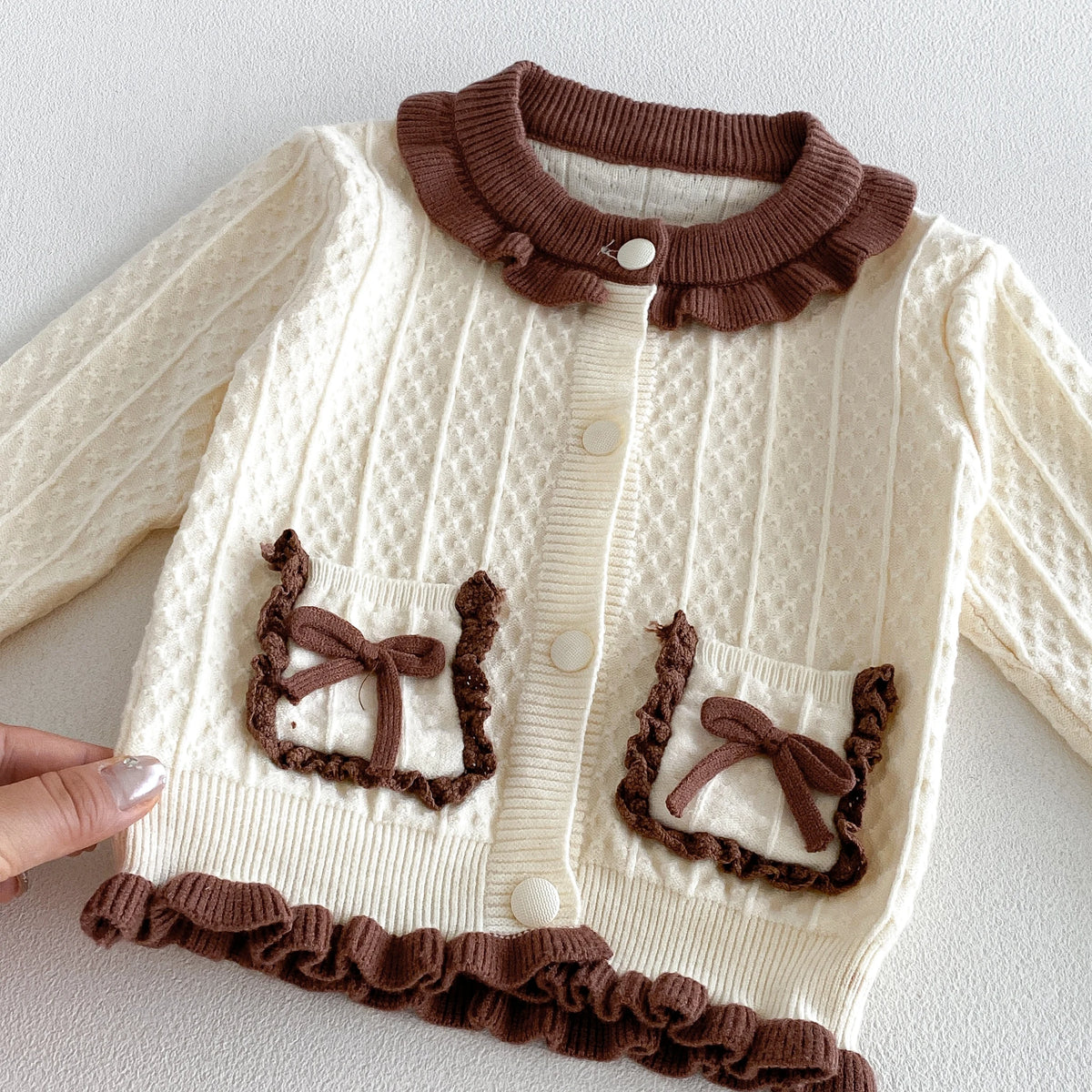 2026 Fall/Winter New Collection Girls' Set, Infant Bow Ruffled Trim Solid Color Knit Top and Pants