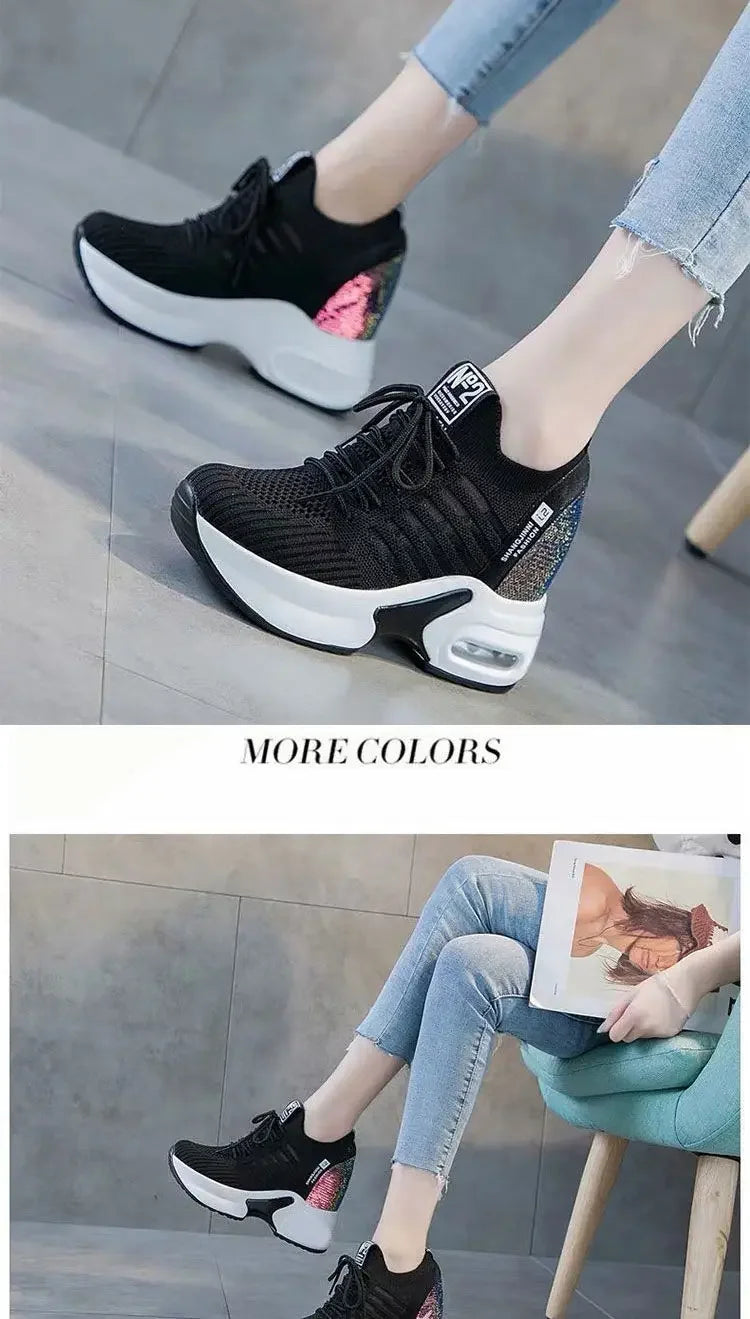 2025 Women's Sneakers Spring Sequined Casual Shoes Woman Platform Heels Wedges Height Increasing Knitted Ladies Vulcanized Shoes