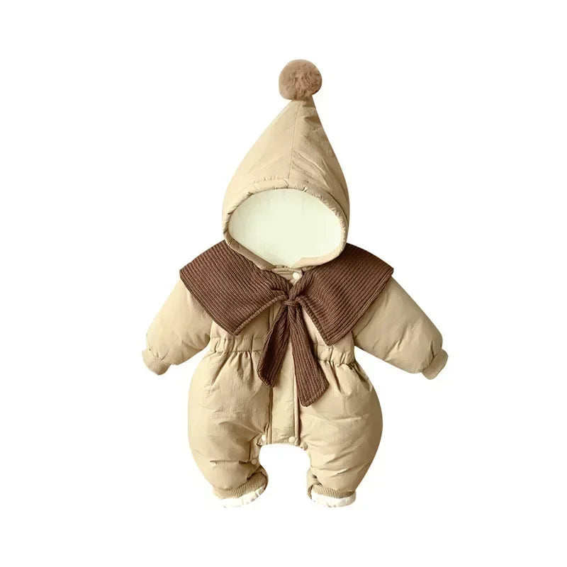 2025 Winter New in Infant Baby Girls Full Sleeve Hooded Quilted Thicken Warm Ruffles One-piece Jumpsuits Kids Newborn Romper