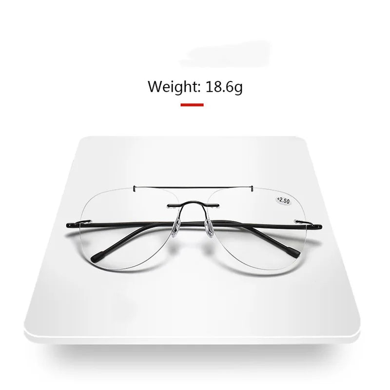 HDCRAFTER Multifocal Rimless Reading Glasses Photochromic Progressive Anti Blue Light Titanium Alloy Sun Glasses +100 to +400