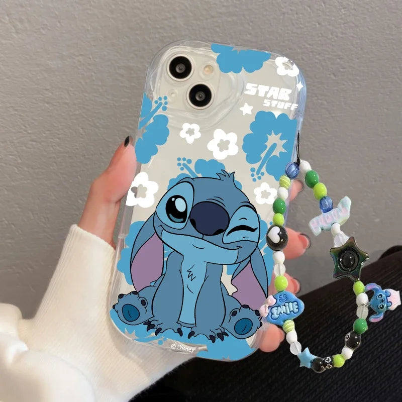 Cartoon Cute Stitch Wrist Strap Lanyard Case For iPhone 16 11 15 12 Pro Max 13 Mini 14 Plus 16e 7 8 Plus XR SE Shockproof Cover