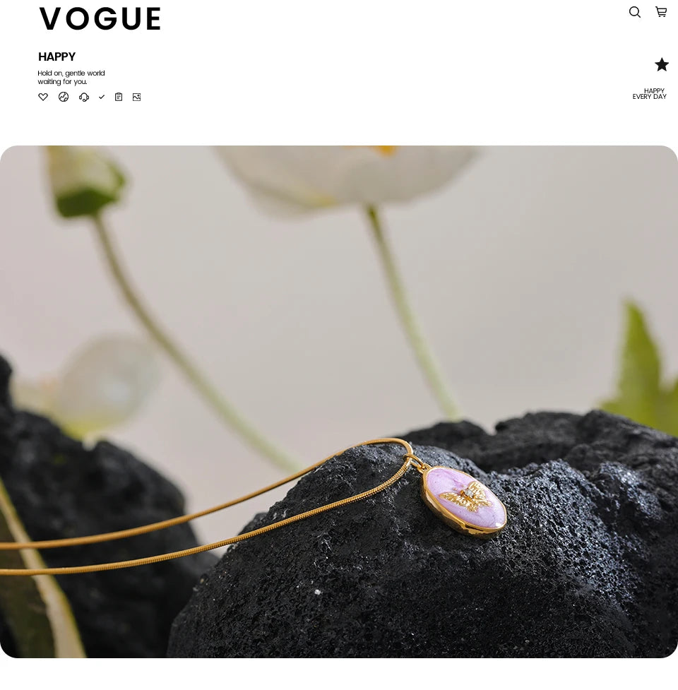 Yhpup Pink Enamel Butterfly Gilding Geometric Pendant Stainless Steel Collar Fashion Necklace for Women Korean Chic Jewelry Gift