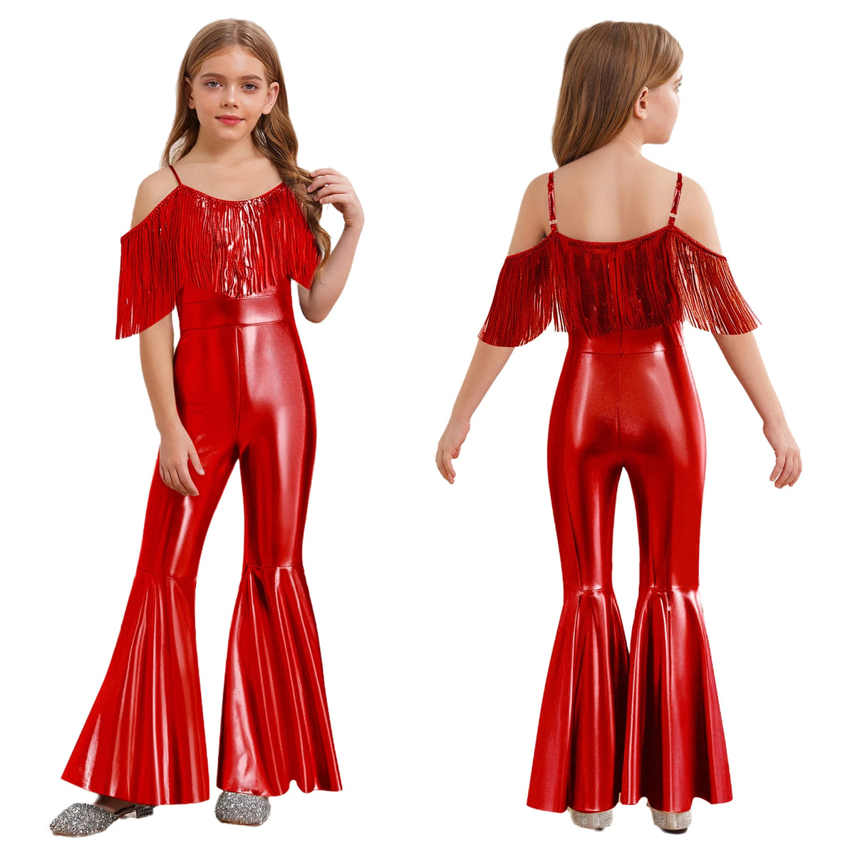 Shiny Halloween Hippie Costume for Kid Girls Sleeveless Sequins Tassels Disco Outfit 70s 80s Prom Flare Jumpsuit Party Costume