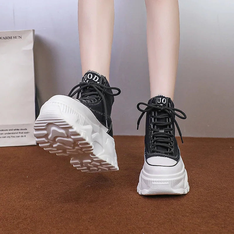 Women Sneakers High Top Platform Breathable Leather Shoes 2023 Autumn Ladies Wedges Casual Shoes For Woman Sports Dad Shoes 8CM