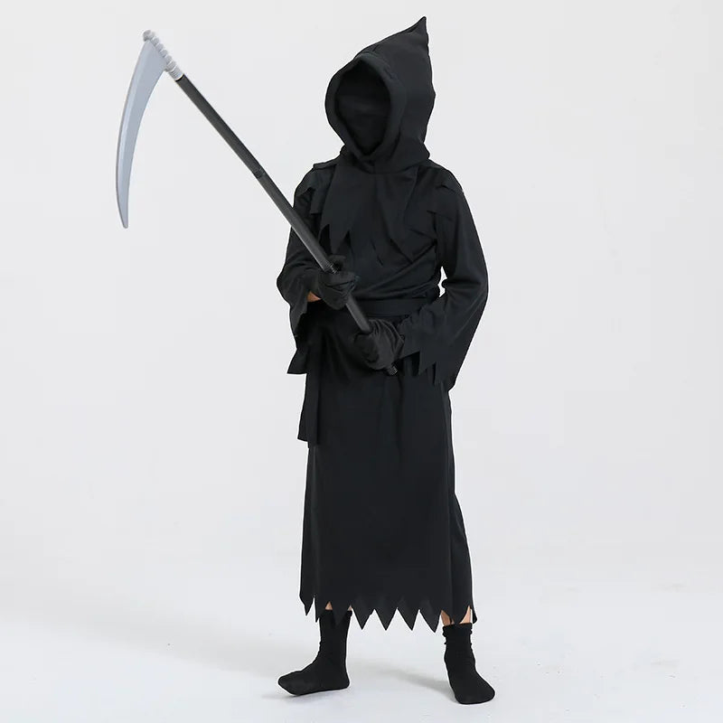 Halloween cosplay costume, Grim Reaper, terrifying skeleton costume, children's glowing red eyes, Grim Reaper ghost robe, sickle