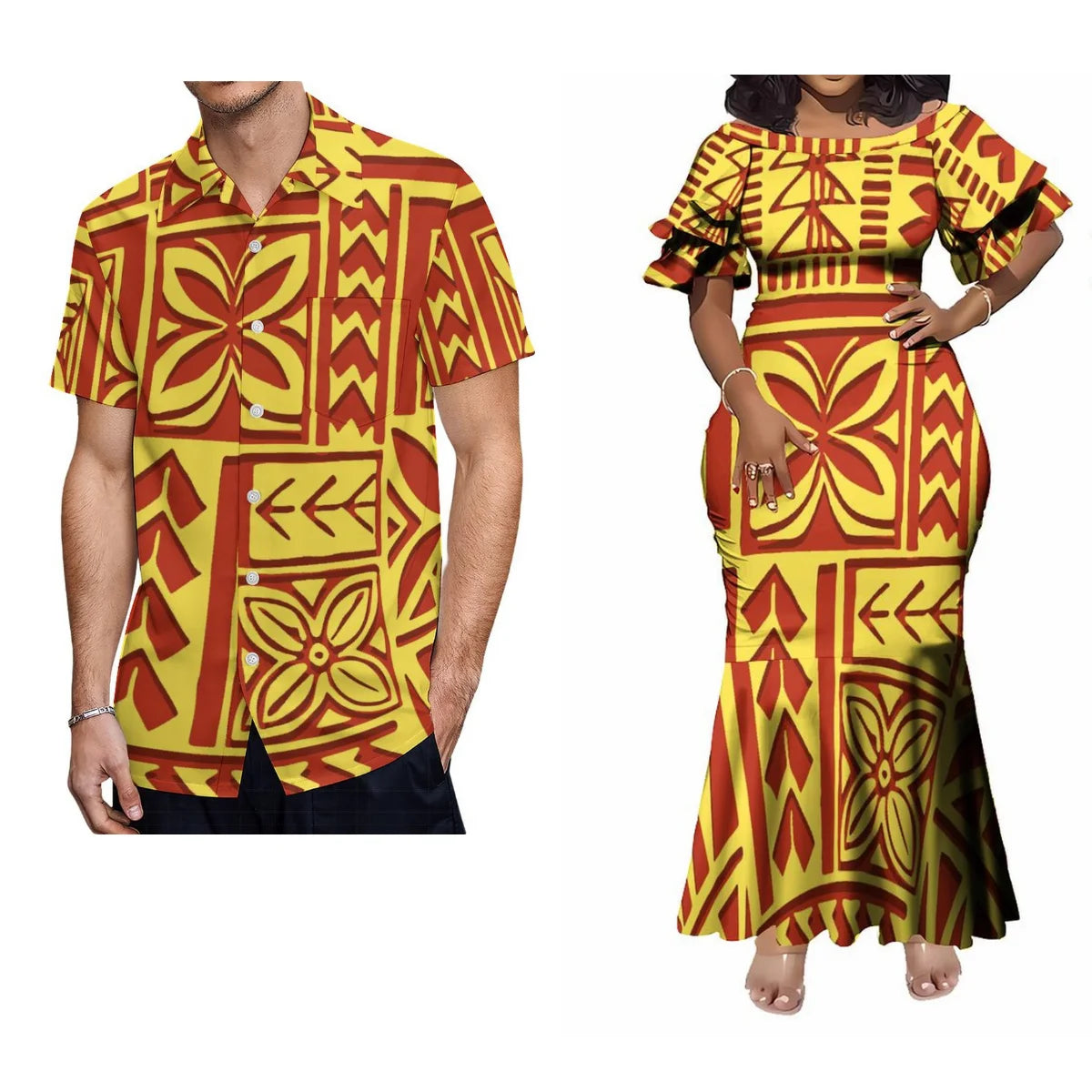 Custom Polynesian Tribal Couple Set Samoan Women'S Temperament Slim Dress Women'S Mermaid Maxi Skirt Men'S Shirt
