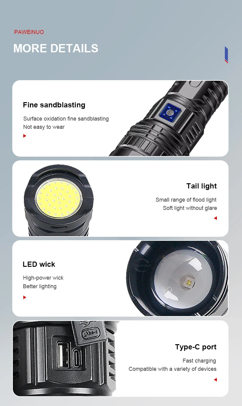 500000LM Ultra Bright LED Flashlight Bult-in Battery Most Powerful Flashlights Tactical Lantern COB Lights Emergency Spotlights
