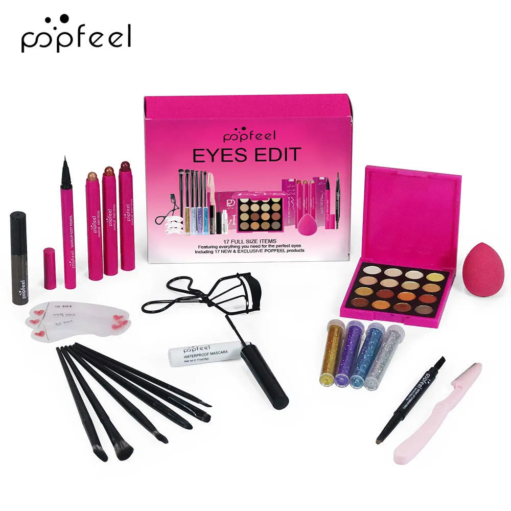 Essential Eye Makeup Set for Beginners Matte&Shimmer Eyeshadow Palette, Mascara, Eyebrow Pencil, Lip Eyeliner,Brush Tool Set Box