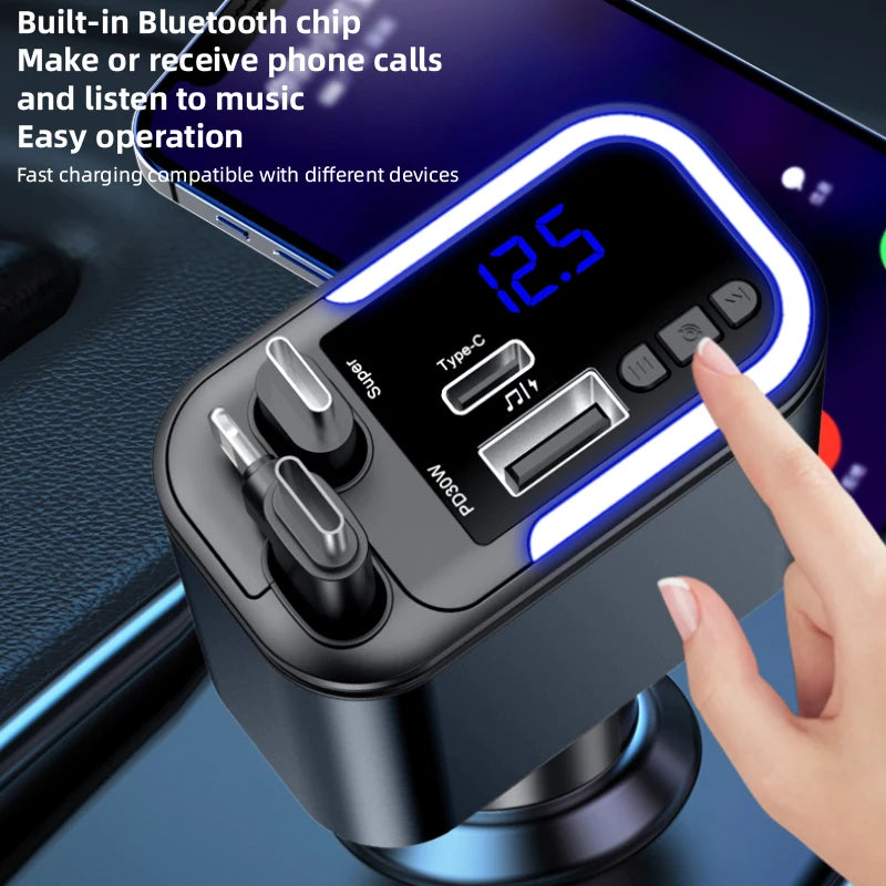 5 IN 1 180W Retractable Car Charger Bluetooth 5.0 FM Transmitter Fast Phone Charger Handsfree Call U-disk Aux with LED Light