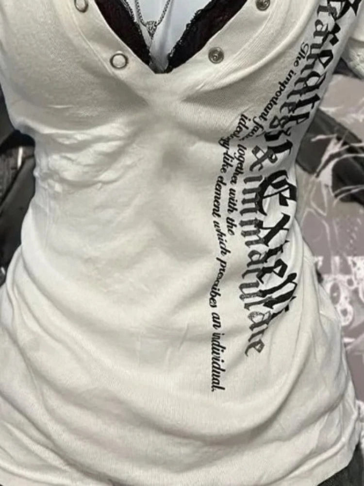 Japanese Letter Printing Vintage Tops Y2k Aesthetic Turn Down Collar Punk Tshirts Women Grunge Harajuku Casual Slim Fit Tees