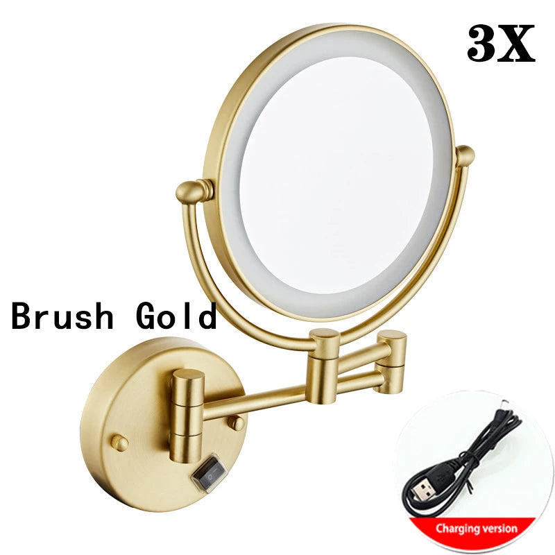 Brushed Gold LED Makeup Mirror with Brass Folding Bathroom Mirrors of 8 Inch 3X 5X Maynifying Makeup Mirror Dual Face LED Mirror