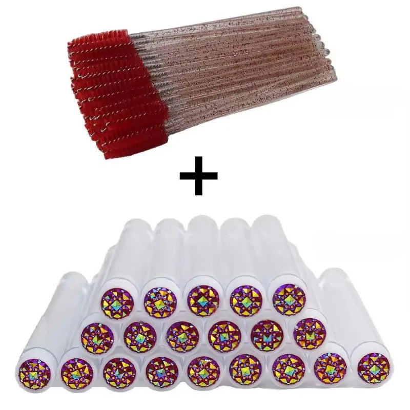 50Pcs Eyelash Brush Tubes with Crystal Mascara Wands & Eyebrow Comb Spoolies - Makeup Tools for Lash/Brow Applicators