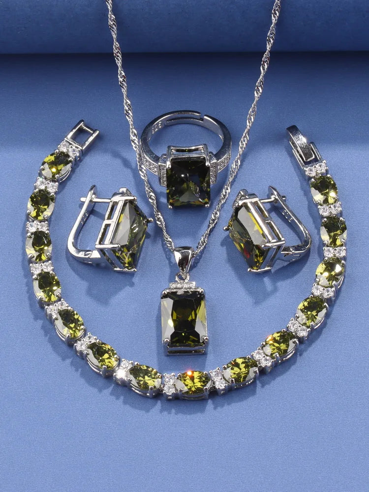 Rectangle 925 Silver Jewelry Accessory Fashion Vintage Original Set Of Earrings Women's Ring  Hand Bracelets Necklace Pendant