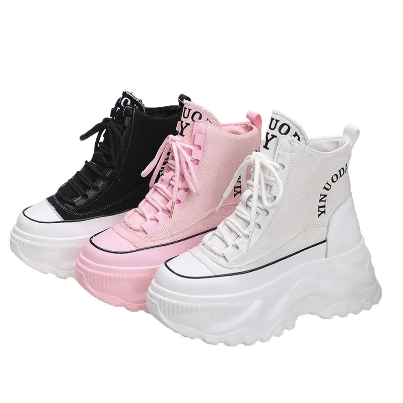 Women Sneakers High Top Platform Breathable Leather Shoes 2023 Autumn Ladies Wedges Casual Shoes For Woman Sports Dad Shoes 8CM