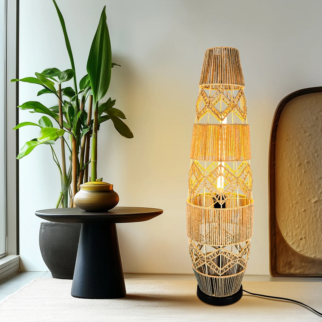 Boho Rattan Floor Lamp Hand-Woven with LED Light Bar, Corner Reading Lamp for Living Room Bedroom