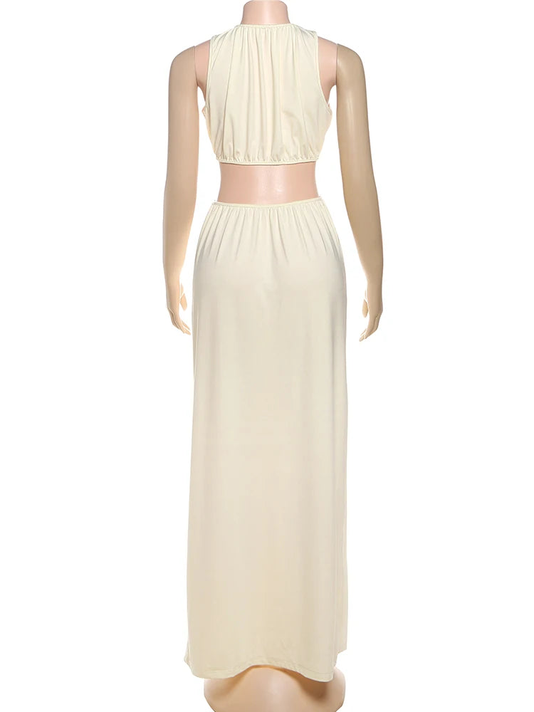 Sisterlinda Metal Patchwork Waistless Long Dresses Women o-Neck Sleeveless Summer Vacation Y2K Style Ruched Elegant Vestidos