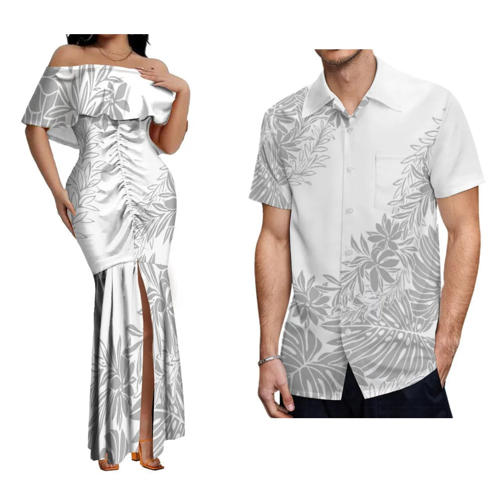 Polynesian Couple Set Custom Women'S One-Line Shoulder Lotus Skirt Men'S Short-Sleeved Shirt Banquet High-Quality Dress