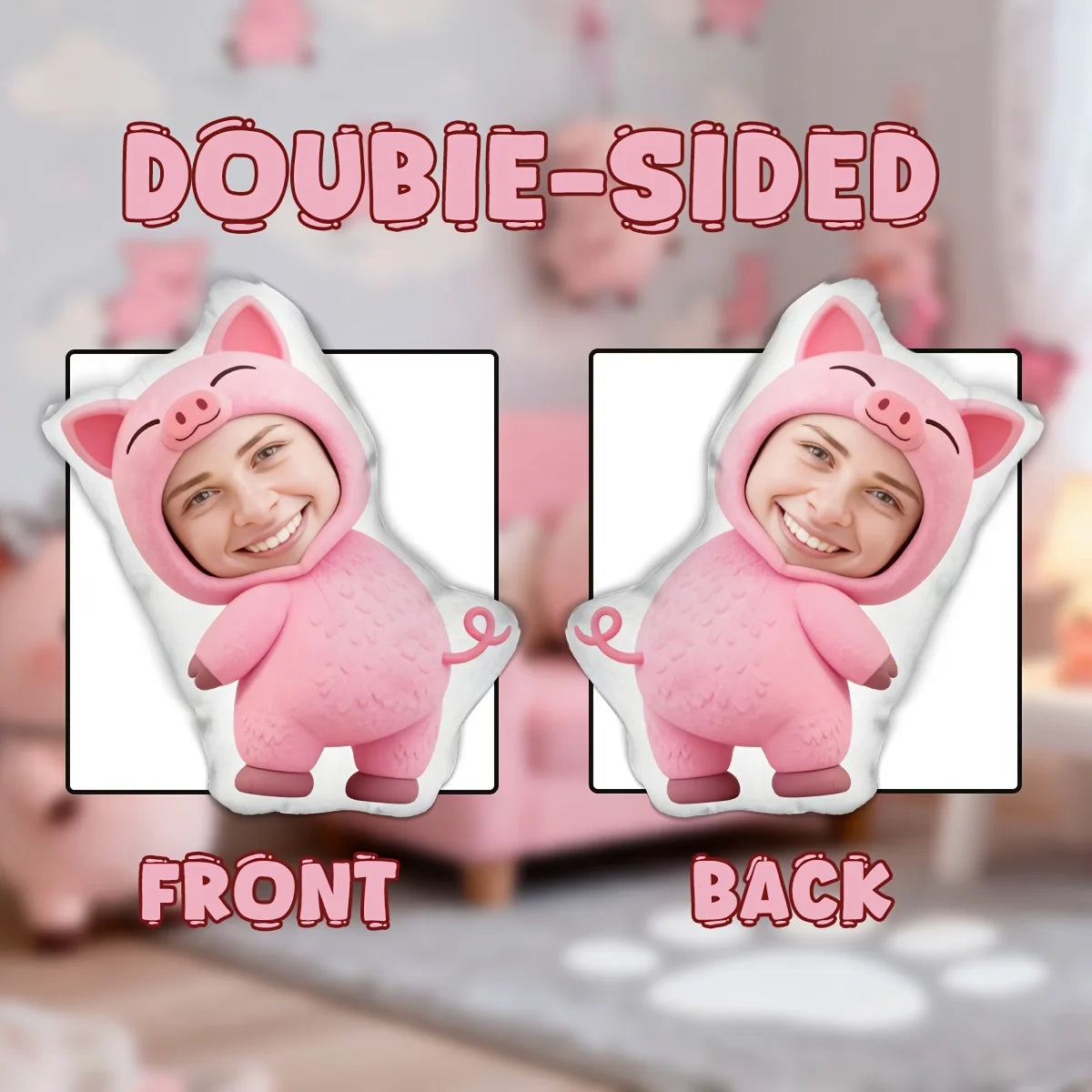 Upload Your Own Photos or Photos of Others to Customize a Pink Pig-Themed Pillow. Whether You Give It to Friends, Family, Loved Ones, Brothers and Sisters, or as a Gift, It Is Very Suitable. It Not Only Decorates the Living R
