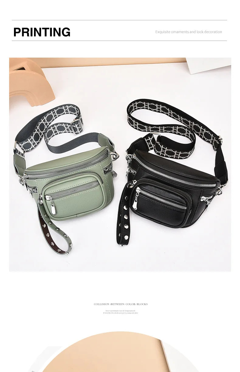 Luxury Multi-pocket 100% cowhide Crossbody Bags For Women Black Shoulder Messenger Handbags Small Chest Bag Travel Saddle bag