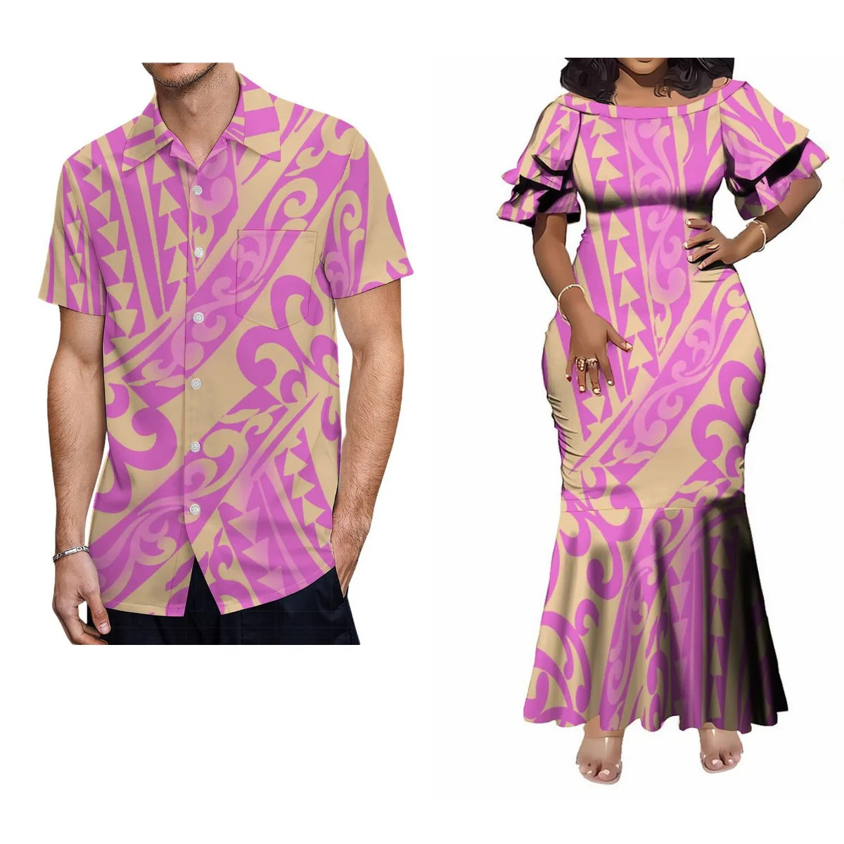 Custom Polynesian Tribal Couple Set Samoan Women'S Temperament Slim Dress Women'S Mermaid Maxi Skirt Men'S Shirt