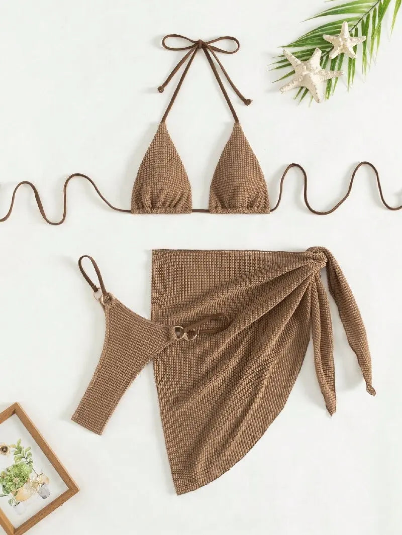 Sexy Brown Bikini Set 2026 Women Halter Push Up Bra Skirt 3 Piece Swimsuit Summer Bathing Suit Cover Up Thong Swimwear Biquini